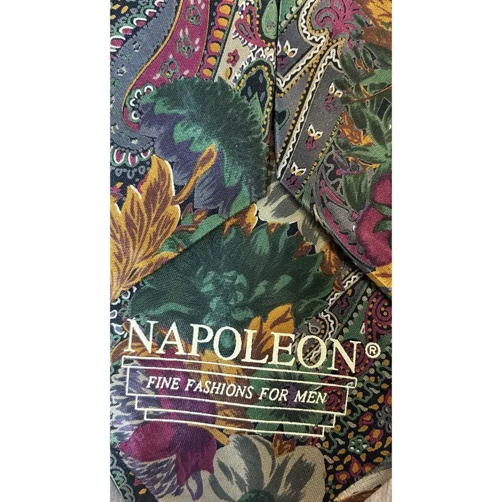 Rare Vintage Napoleon Silk Tie Paisley Floral Gold Plate Keeper Loop Jewel Tone